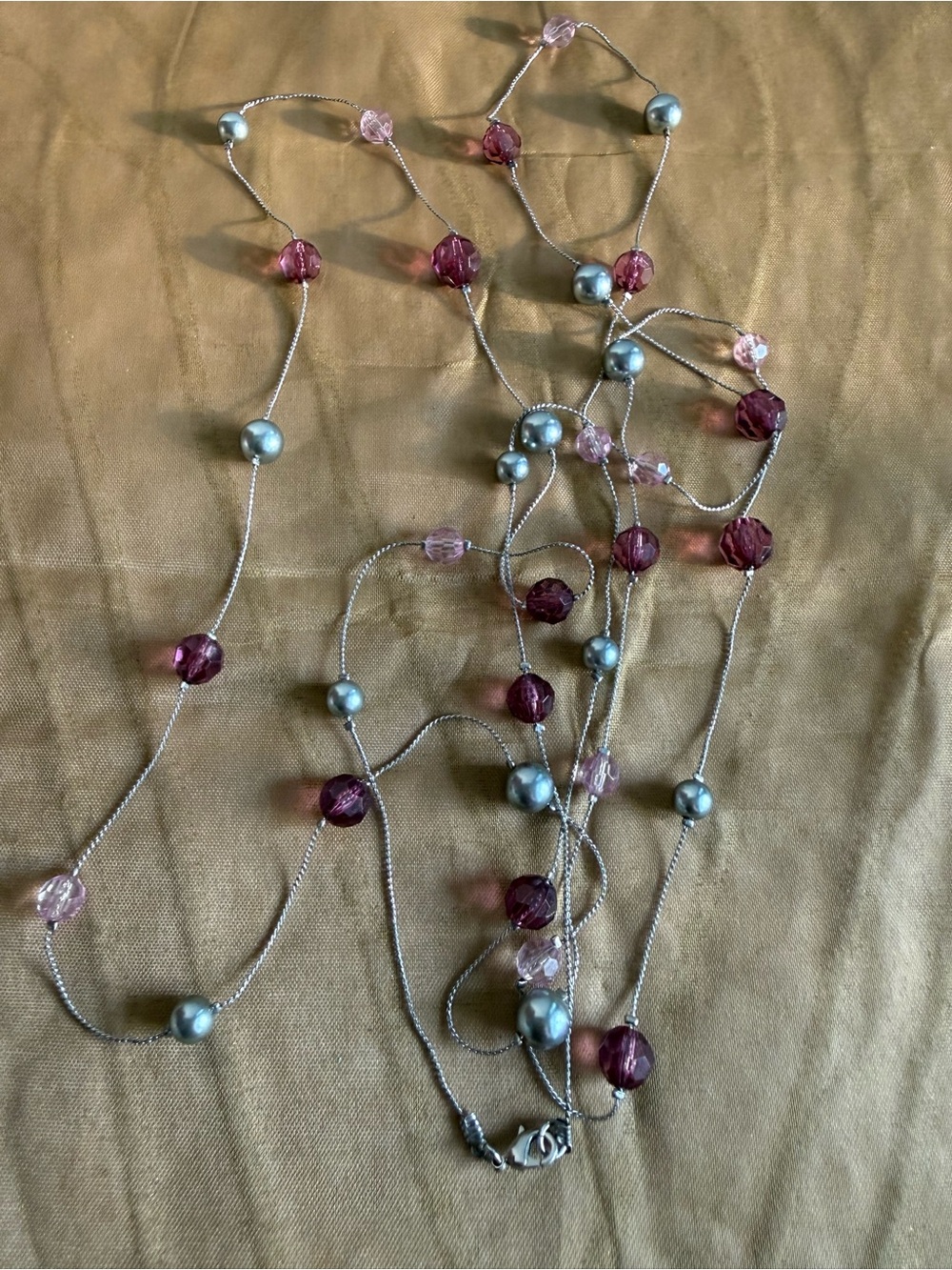 Silver Chain Necklace with Pink and Purple Beads